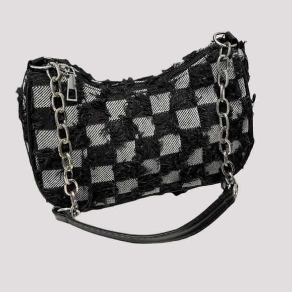 Checkerboard Chain Shoulder Bag - Black & Gray - Picture 3 of 7